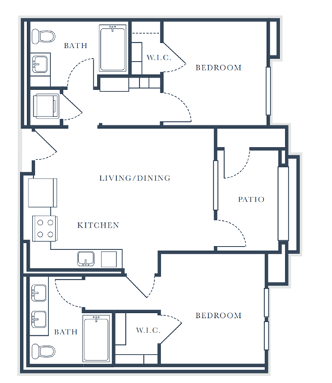 Floor plan for 2 beds, 2 baths, 937 sqft